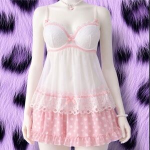 Early 2000s Elegant White and Pink with Polka Dots Lace Babydoll Dress